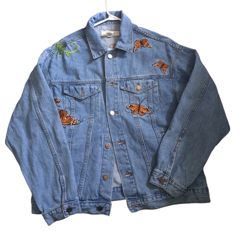 WORKSHOP REPUBLIC CLOTHING denim jean jacket butterfly embroidery western BOHO M